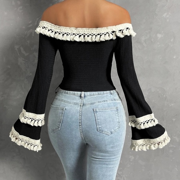 Boho Off Shoulder Tassel Detail Cropped Top - Picture 9 of 13